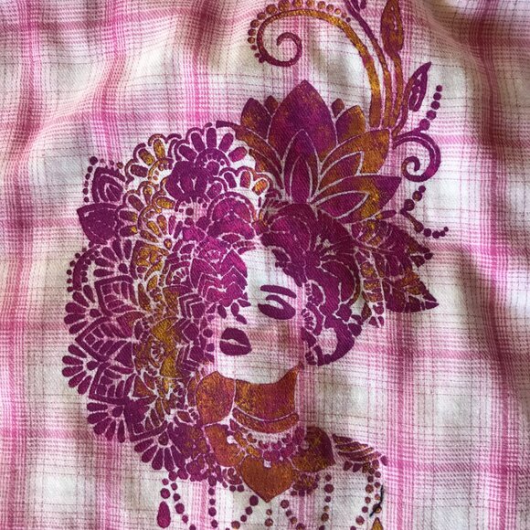 Bleached Flannel Shirt, Size Small Petite: Upcycled Painted Fancy Lady, Lace Hem - Picture 11 of 11